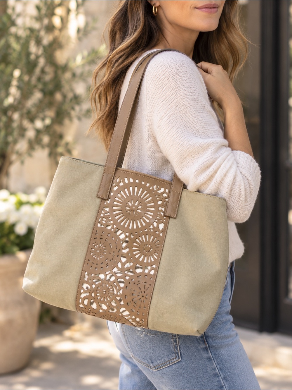 Longchamp Beige Canvas Leather Laser Cut Floral Large Tote Bag